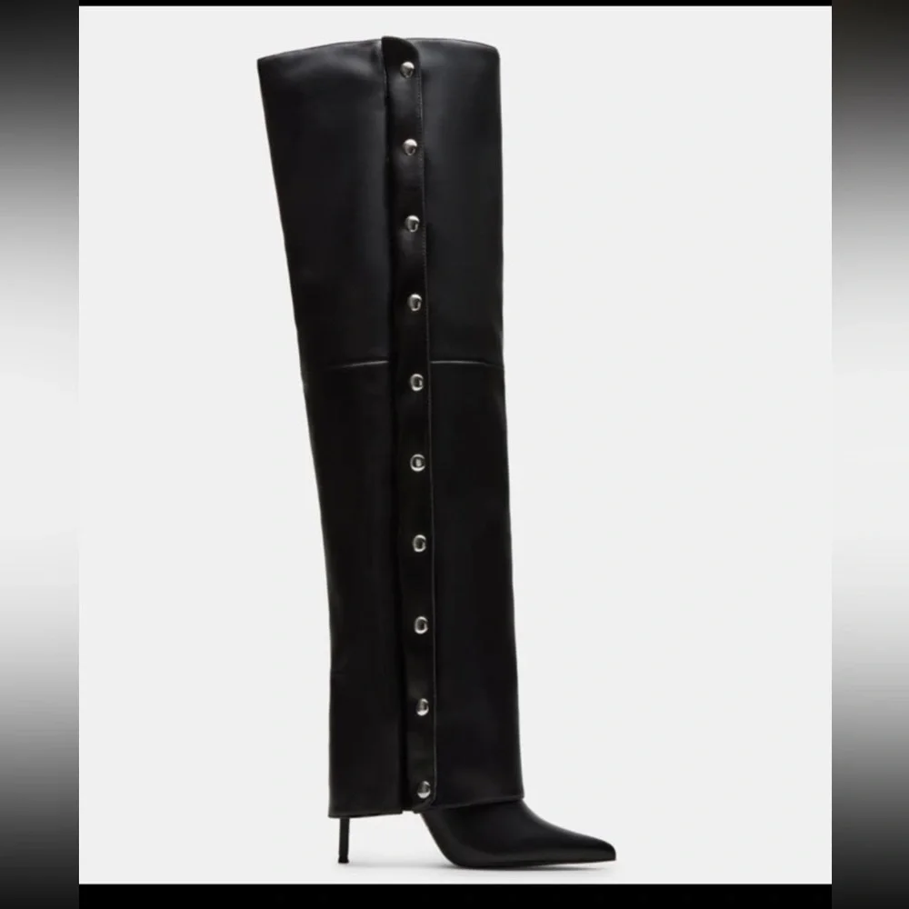 Steve‎ Madden Stone Black Leather Knee-High Women's Heeled Buttoned Boots